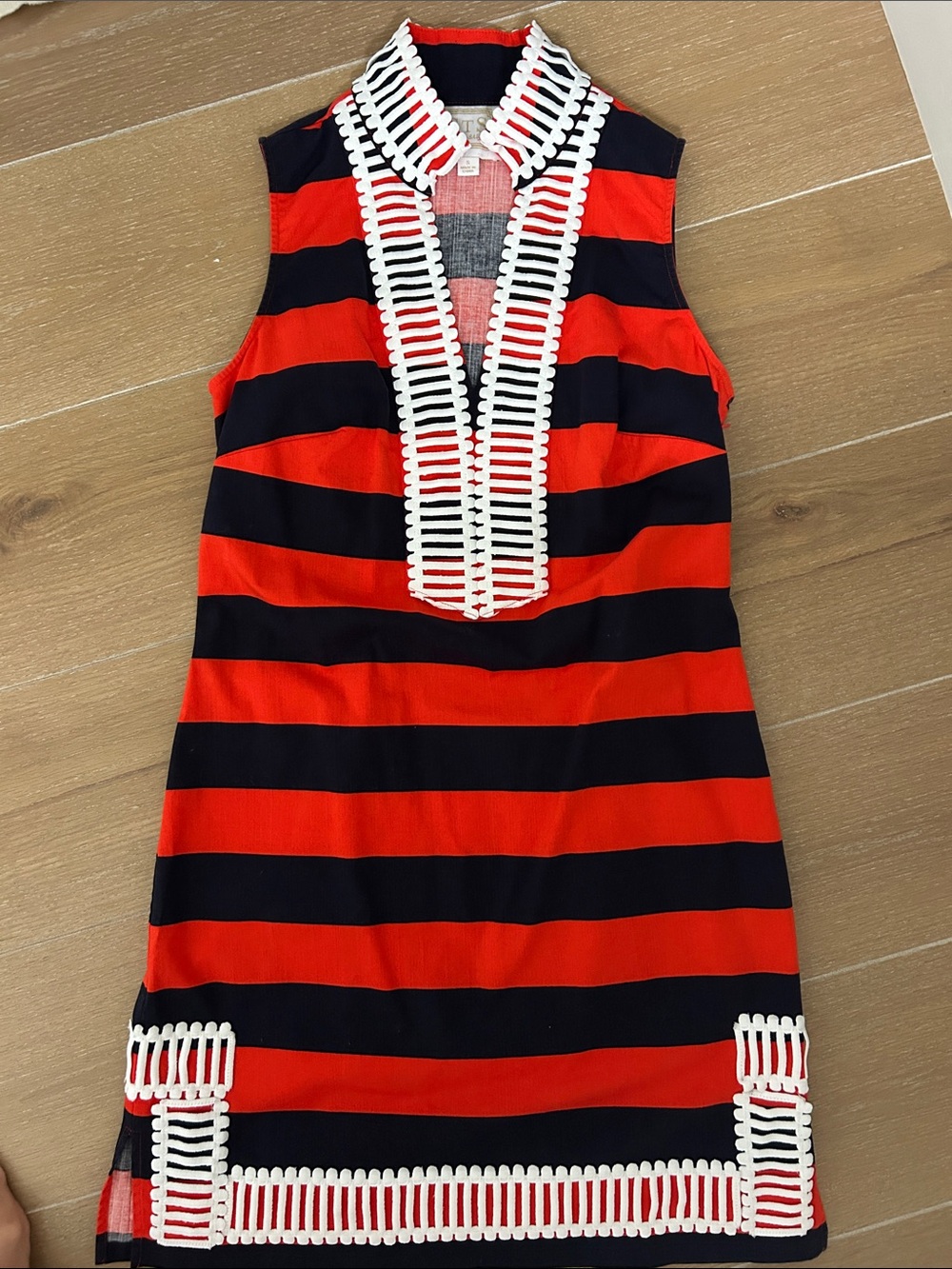 Sail to Sable Red & Navy Striped Sleeveless Mini with White Crochet Trim
